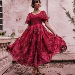 JessaKae Victorian Dress In Burgundy Lace Tulle Flutter Sleeve Formal XL 14 16